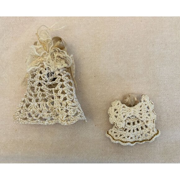 Handmade Starched Crocheted Angel Bell Ornament Set Gold Accents Lace Detail - Picture 2 of 3